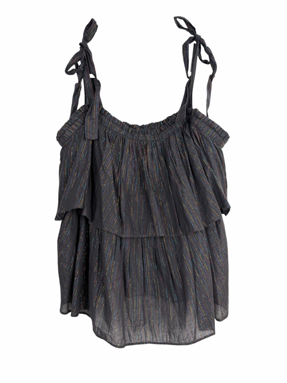 La Vie Rebecca Taylor Lurex Metallic Stripe Tie-Shoulder Tier Top Size Medium - Picture 3 of 13
